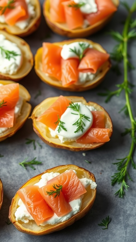 Delicious smoked salmon and cream cheese potato skins garnished with fresh dill.