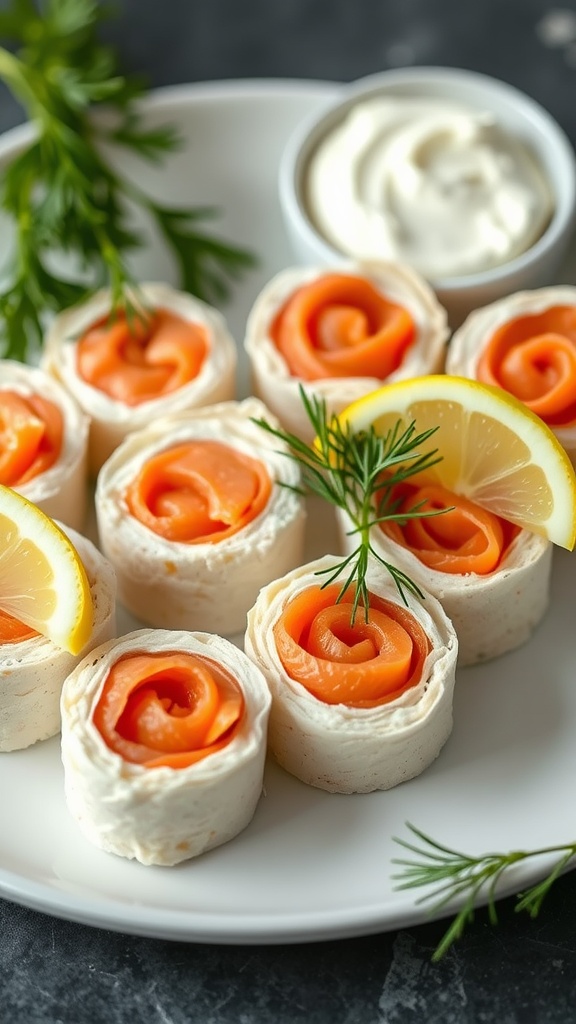 Smoked salmon and cream cheese rolls served with lemon and dill