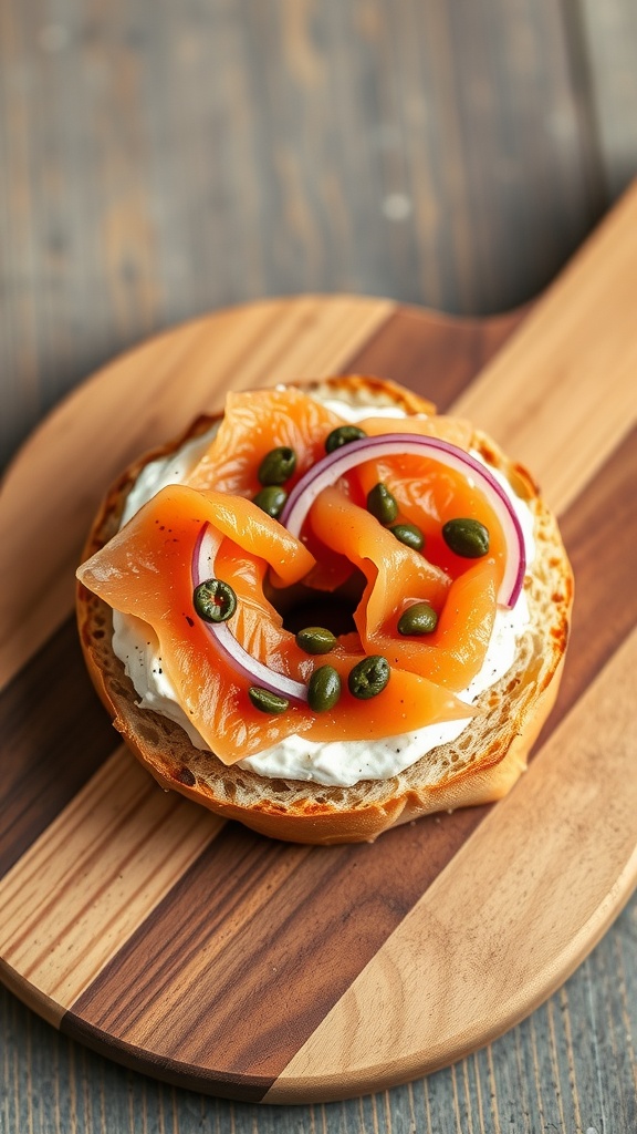 A smoked salmon bagel topped with cream cheese, capers, and red onion slices.