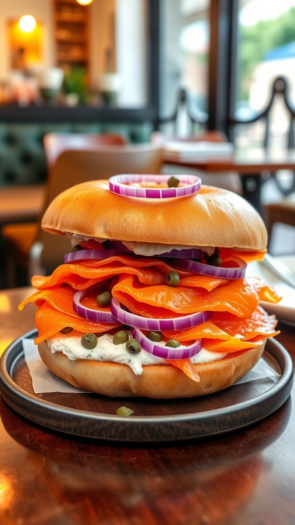 A delicious smoked salmon bagel sandwich with cream cheese, red onion, and capers.
