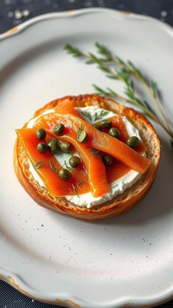 A smoked salmon bagel topped with cream cheese, capers, and fresh herbs