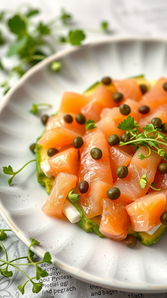 A plate of Smoked Salmon Tartare garnished with capers and microgreens.