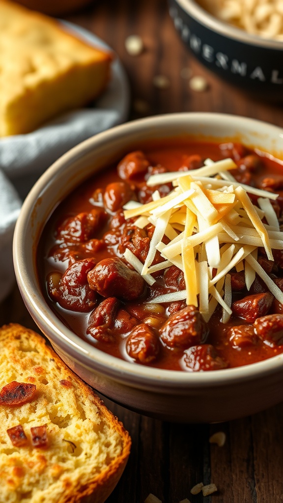 A bowl of Smokehouse BBQ Beef Chili topped with cheese, next to cornbread.
