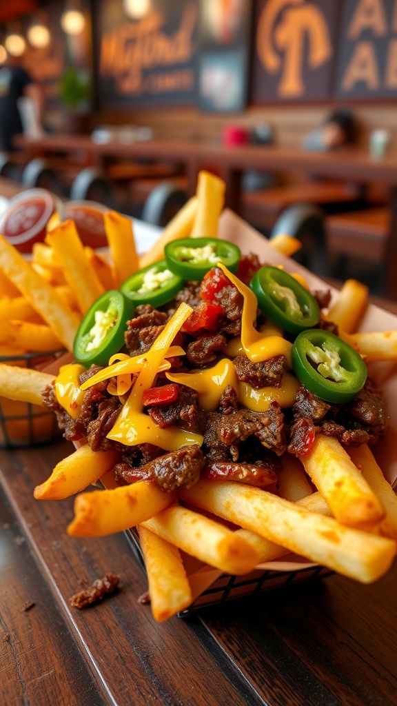 A plate of Smoky BBQ Beef Chili Fries topped with cheese, jalapeños, and diced tomatoes.
