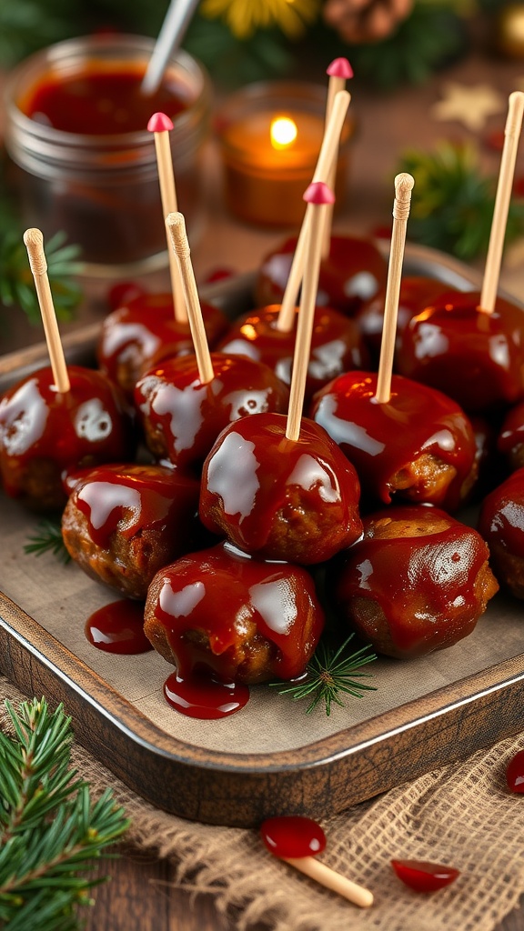 A plate of smoky BBQ sausage balls drizzled with sauce, perfect for parties.