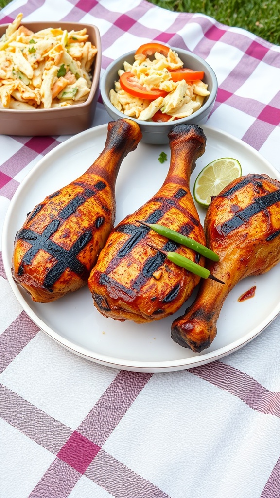 Grilled chicken drumsticks on a plate with a side of salad.