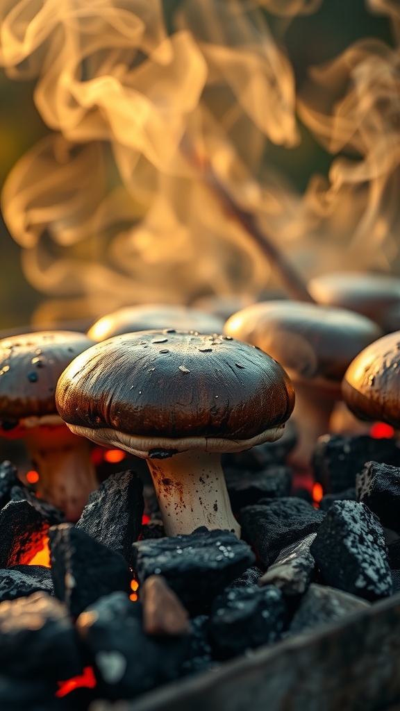 Grilled Portobello mushrooms on charcoal