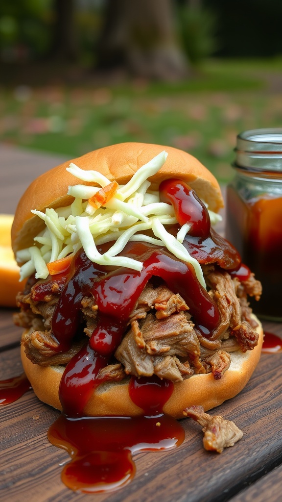 A delicious smoky pulled pork sandwich topped with coleslaw and barbecue sauce.