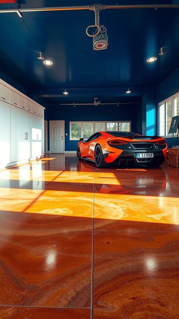 A garage featuring an orange epoxy floor and a sleek sports car, showcasing a modern and stylish design.
