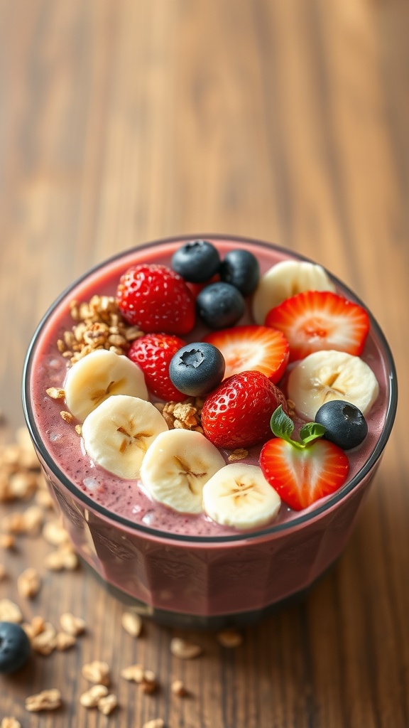 A colorful smoothie bowl topped with granola, sliced bananas, strawberries, and blueberries.
