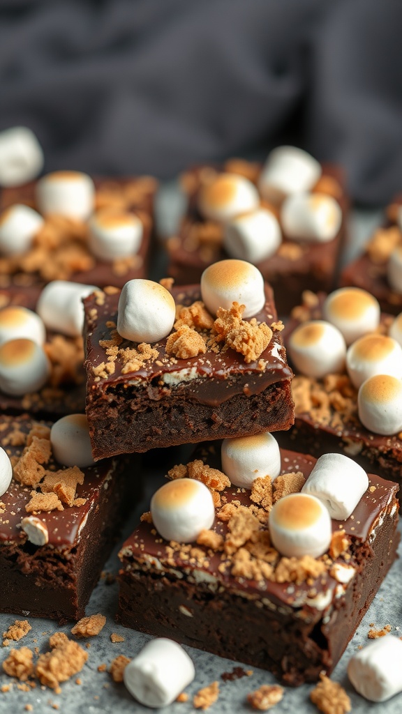 Delicious s'mores brownies topped with toasted marshmallows and graham cracker crumbs.