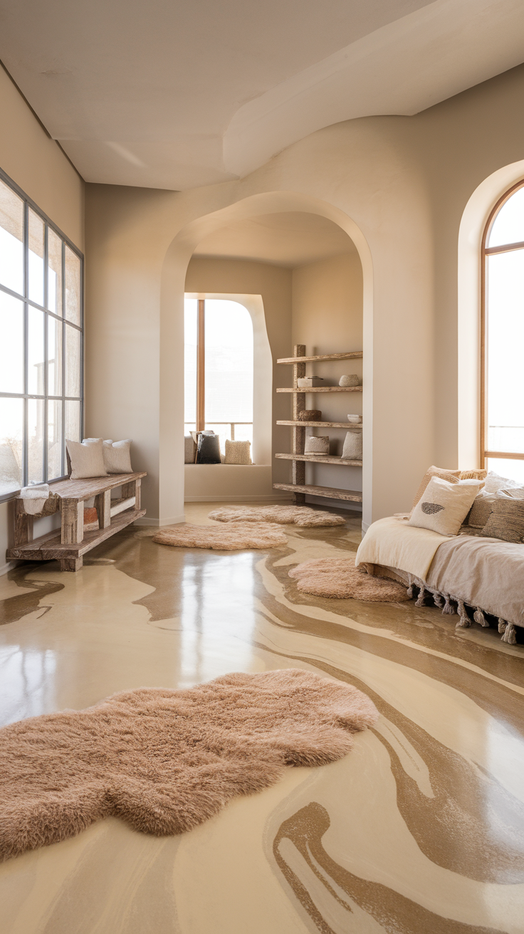 Interior with soft beige and cream swirl epoxy floor, cozy seating, and natural light
