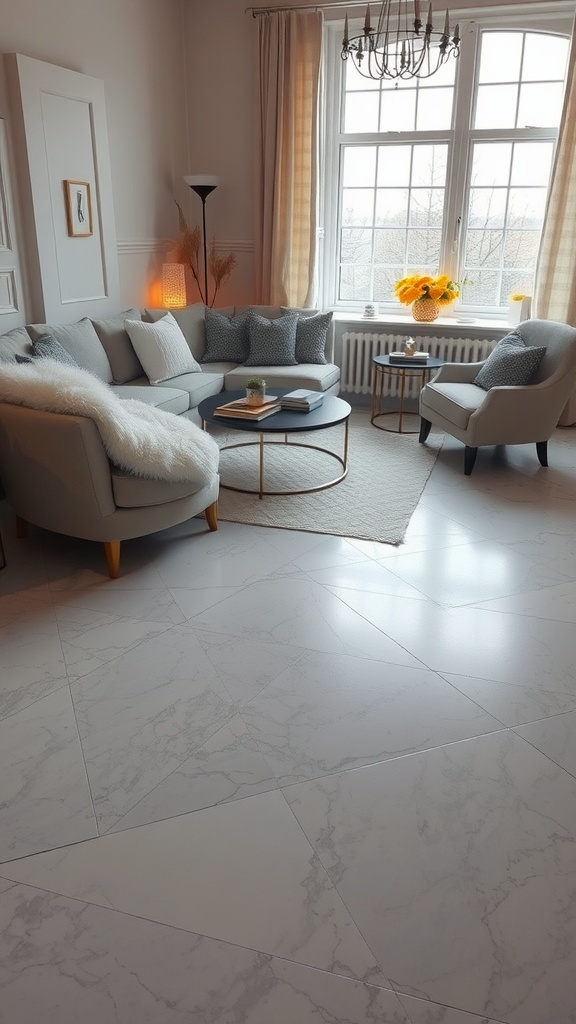 Living room with soft gray marble epoxy flooring, light furniture, and modern decor