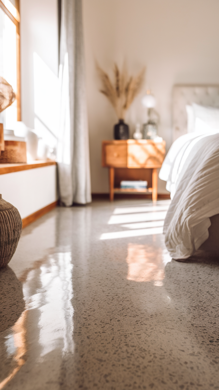A cozy bedroom with soft grey epoxy flake flooring and natural light.