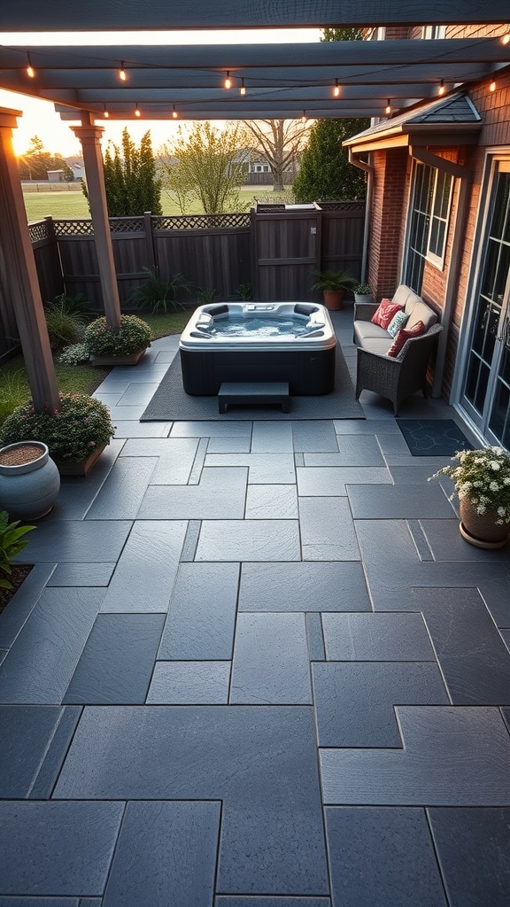 A beautifully designed patio featuring soft lavender epoxy flooring, surrounded by greenery and a hot tub.