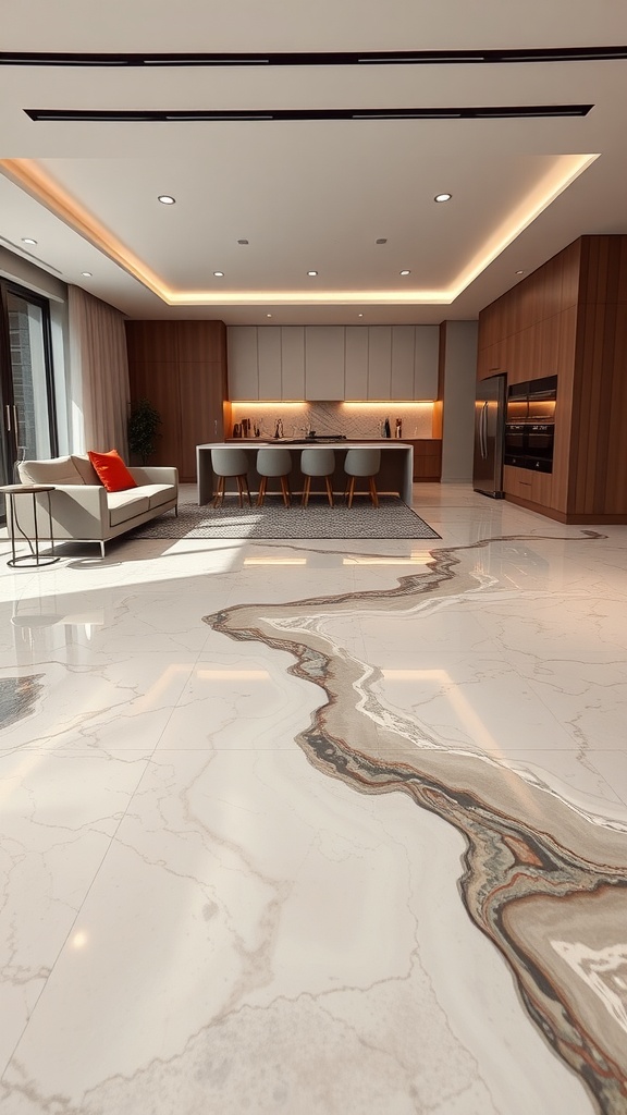 A modern kitchen with sleek epoxy flooring, showcasing a soft matte finish and elegant design elements.