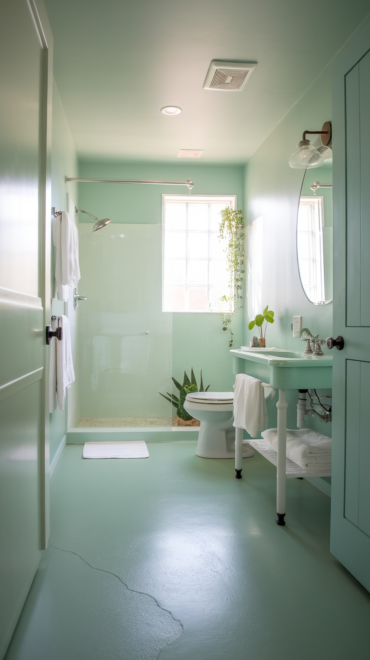 A serene bathroom featuring soft mint green epoxy floors and walls, creating a calming space.