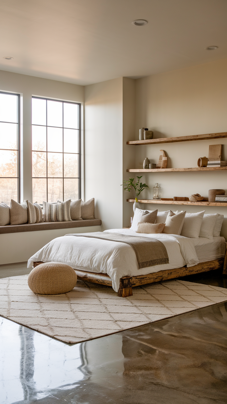 A cozy bedroom with soft pastel colors, polished concrete floors, and natural wood elements.