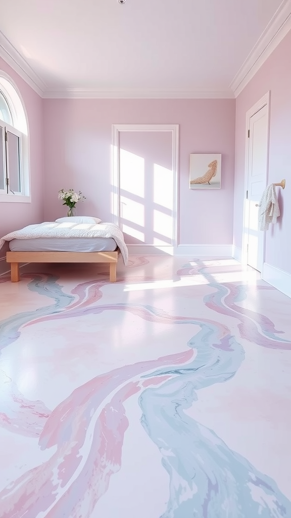 A room with soft pastel epoxy flooring featuring flowing designs in shades of pink and blue.
