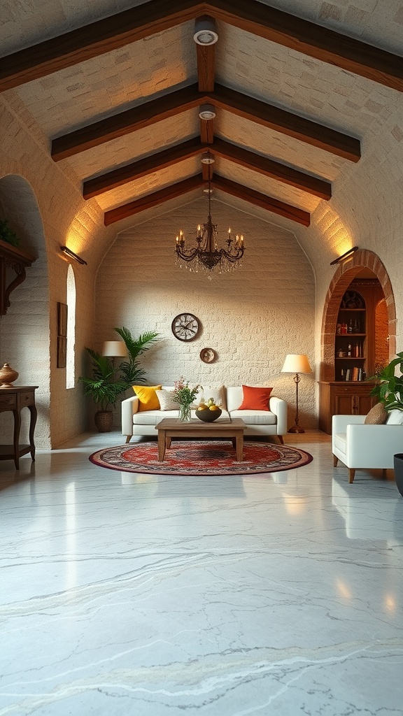 A rustic living room featuring soft pastel epoxy floors, wooden beams, and cozy decor.