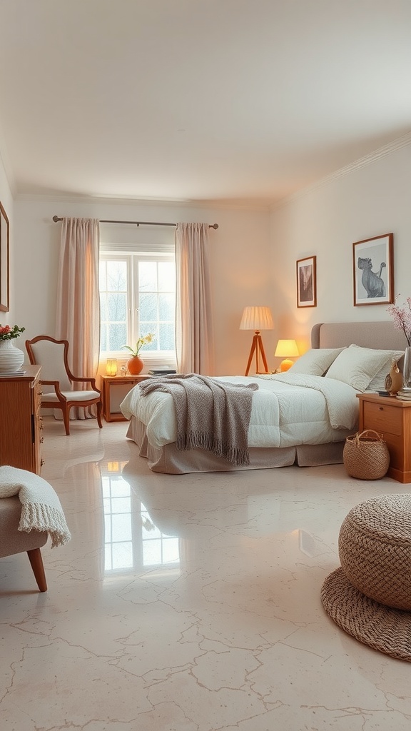 A cozy bedroom with soft pastel epoxy flooring, light furniture, and warm lighting.