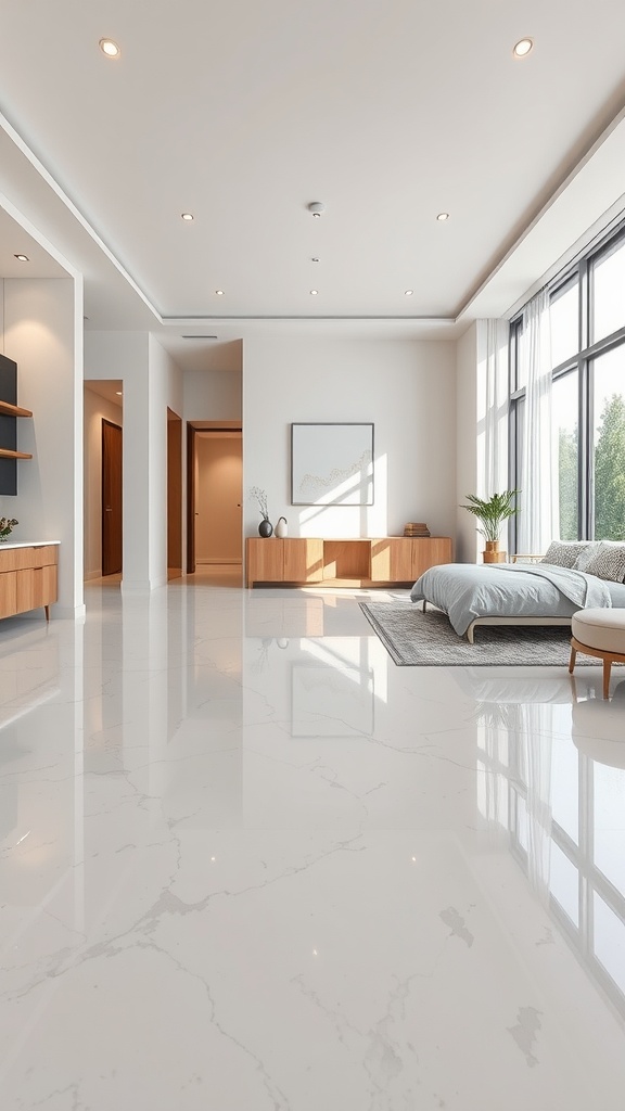A large, bright room with a marble epoxy floor, featuring large windows and modern furniture.
