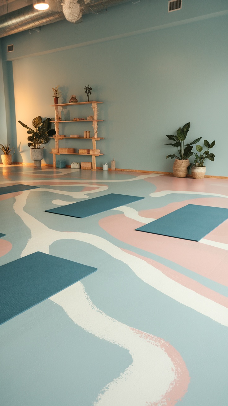 Soft pastel epoxy floor with a marble-like design in a modern interior space.