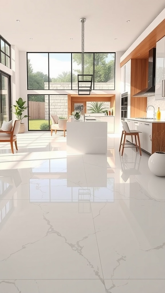 A bright and spacious kitchen featuring a stunning epoxy floor with a marble effect, large windows, and a modern kitchen island.