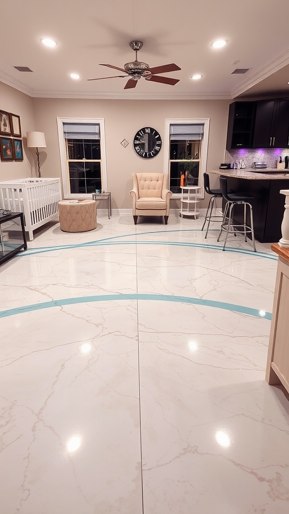 A polished resin floor in soft pastel shades resembling marble, enhancing a cozy living space.