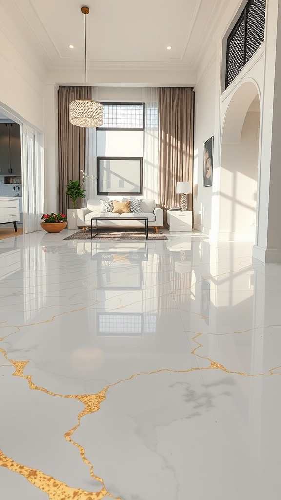 A bright and airy living room with soft pastel epoxy flooring featuring gold veining.
