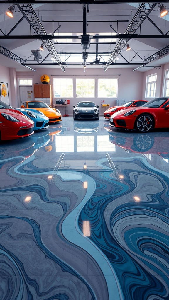 A stylish garage showcasing colorful cars on a pastel-themed epoxy floor with swirling patterns.