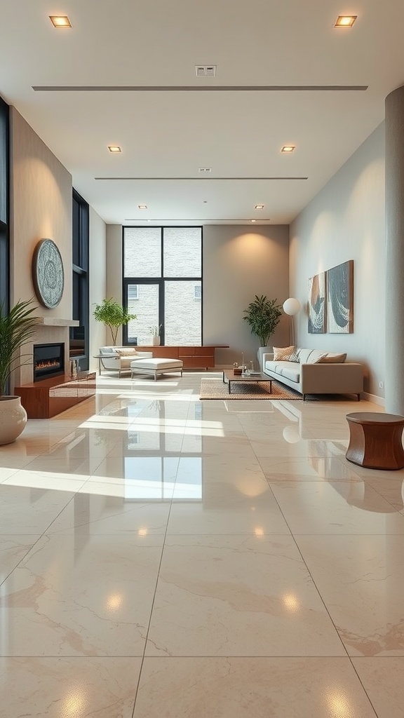 A modern living room with soft pastel decor and polished concrete epoxy flooring