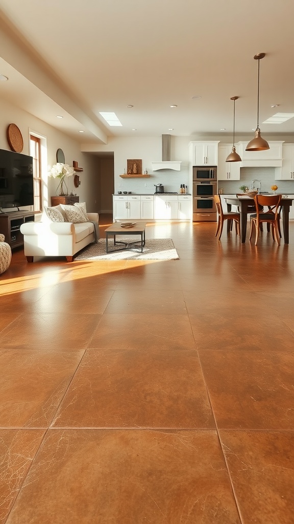 A spacious living room and kitchen with warm brown epoxy flooring, light furniture, and modern decor.