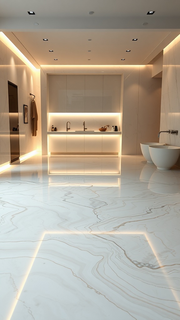 A sleek, modern interior featuring soft pastel epoxy flooring, highlighted by subtle lighting.