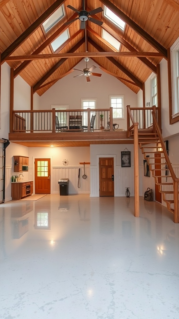 Bright loft space with polished epoxy flooring and wooden beams