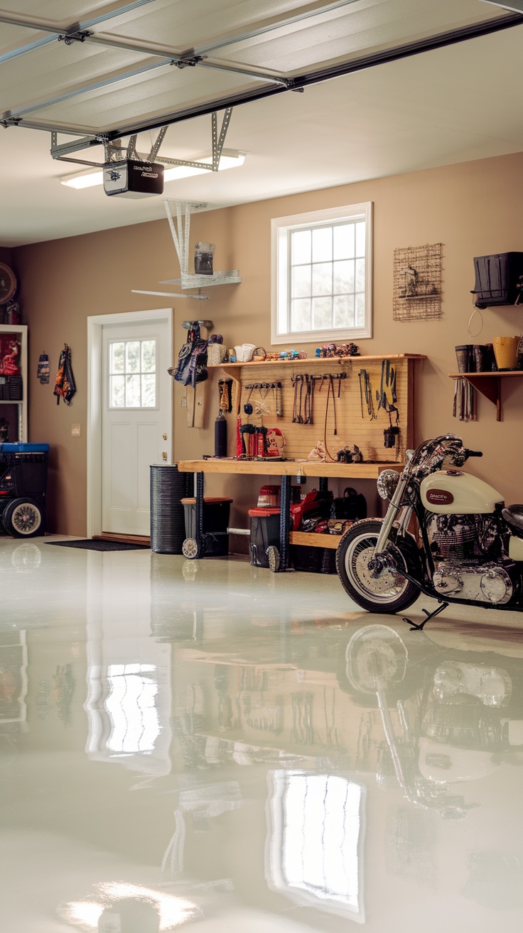 A garage with a soft pearl white epoxy floor, featuring a motorcycle and organized tools.