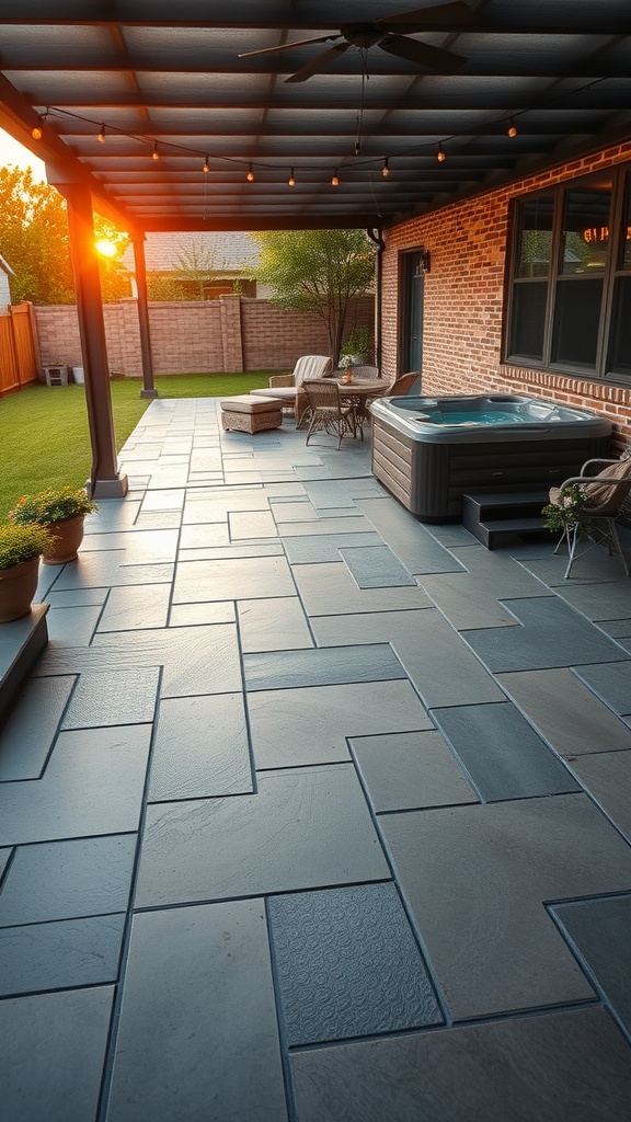 A beautifully designed patio with soft pink tones and a cozy seating area.