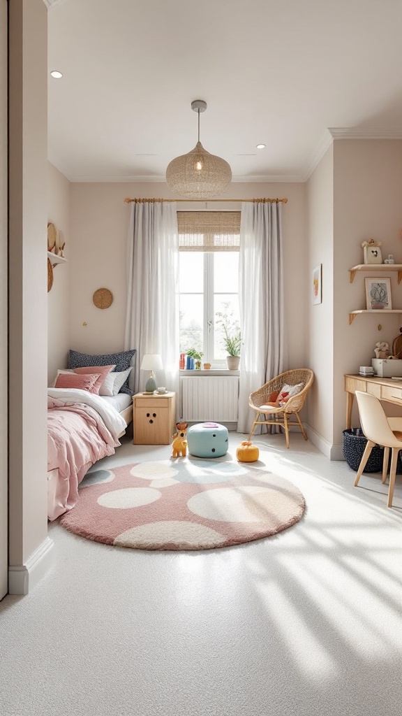 A cozy room with soft texture epoxy flooring, featuring a bed, desk, and playful decor.