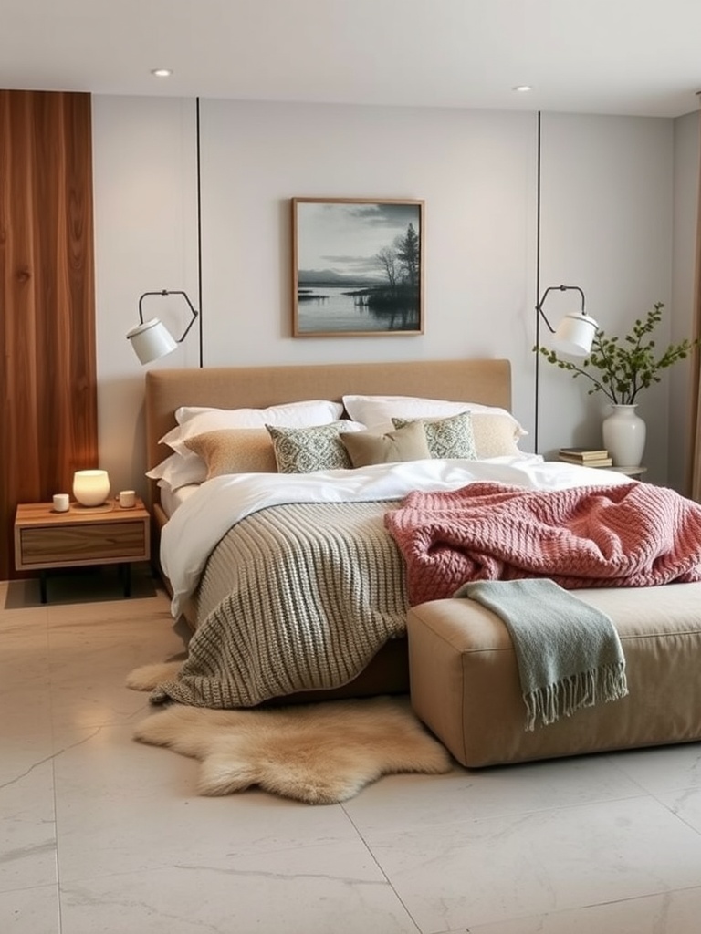 A cozy bedroom with warm lighting, featuring a bed with layered decor and soft textures.