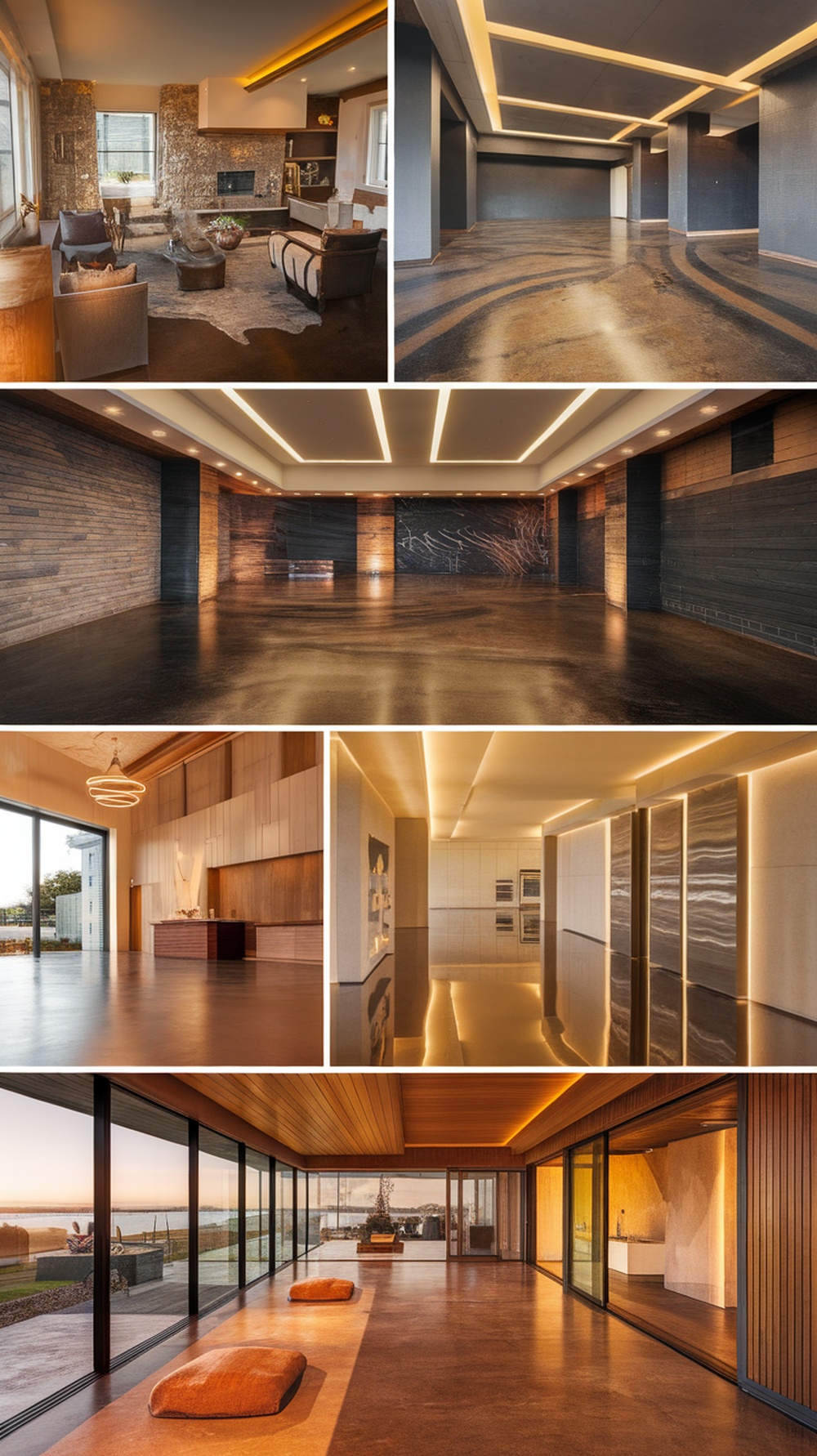 Various rooms showcasing stained concrete floors with soft textures and warm tones