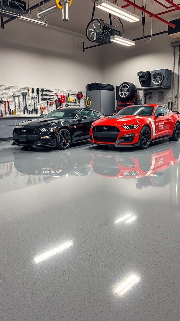 Sleek light grey epoxy garage floor with orange markings and modern design elements.