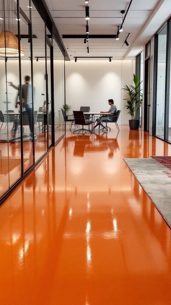 Bright orange epoxy flooring in a modern office setting.