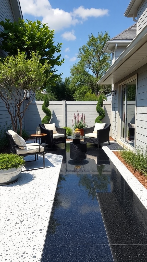 Black and white epoxy patio with modern seating and plants.