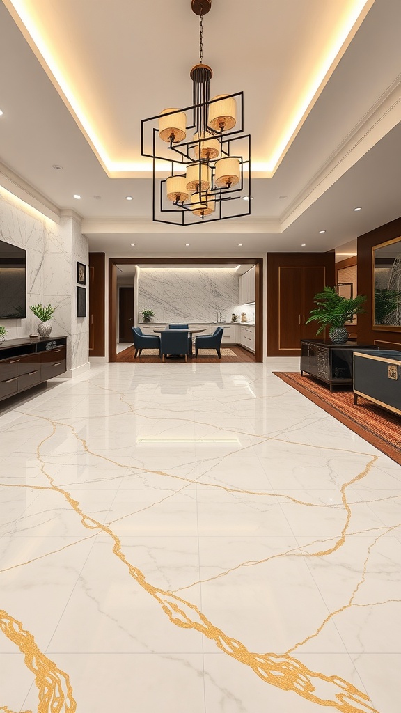 Luxurious Carrara marble epoxy floor with golden veins in a stylish room