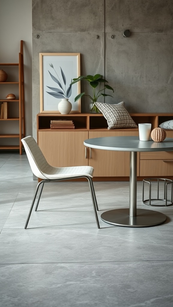 Minimalist interior featuring a grey polished concrete floor with soft lighting and a potted plant.