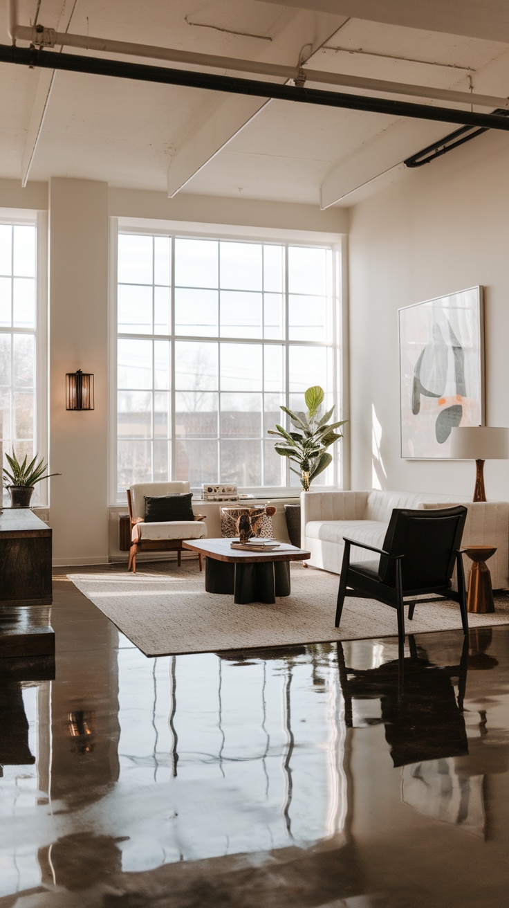 A stylish modern living room featuring dark stained concrete floors, large windows, and minimalist furniture.