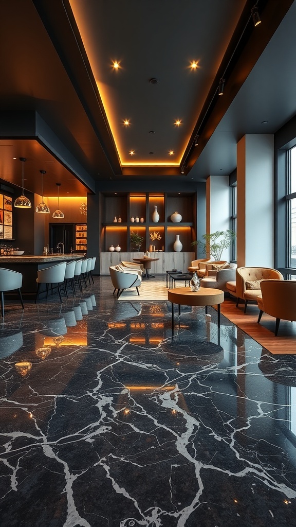 A modern interior showcasing black marble epoxy flooring with stylish furnishings and warm lighting.