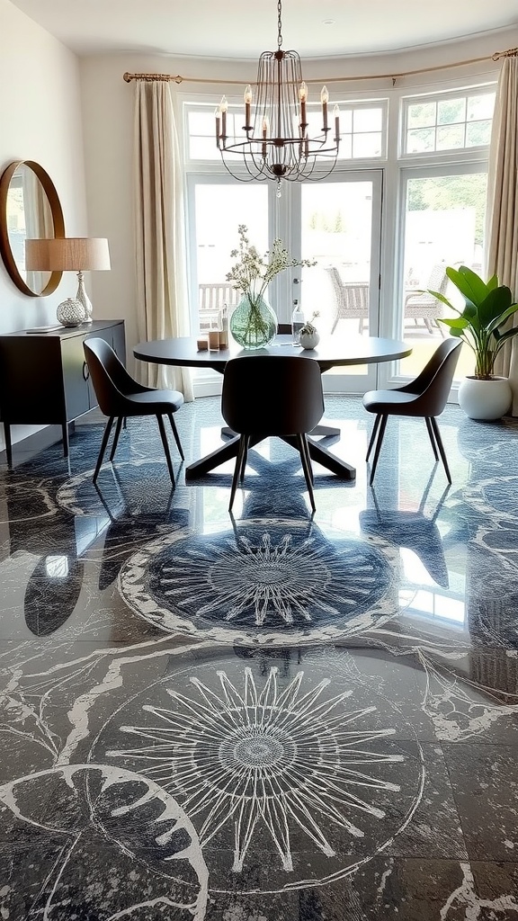 A modern dining room with glossy epoxy flooring and a stylish table setting.
