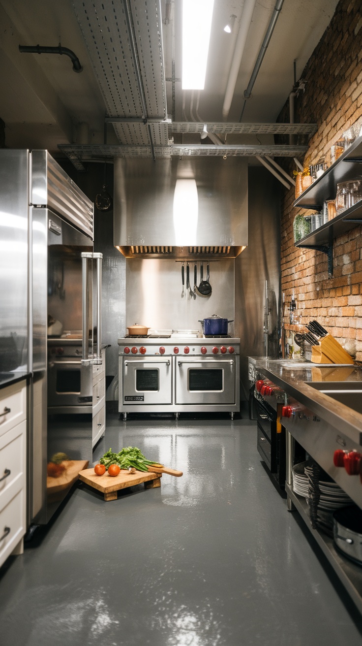 Modern kitchen with gray epoxy flooring and stainless steel appliances.