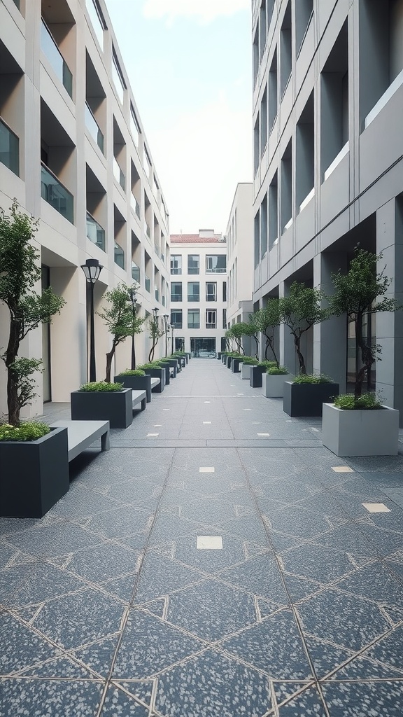 A modern outdoor walkway with gray epoxy flooring, flanked by planters and trees, leading between buildings.